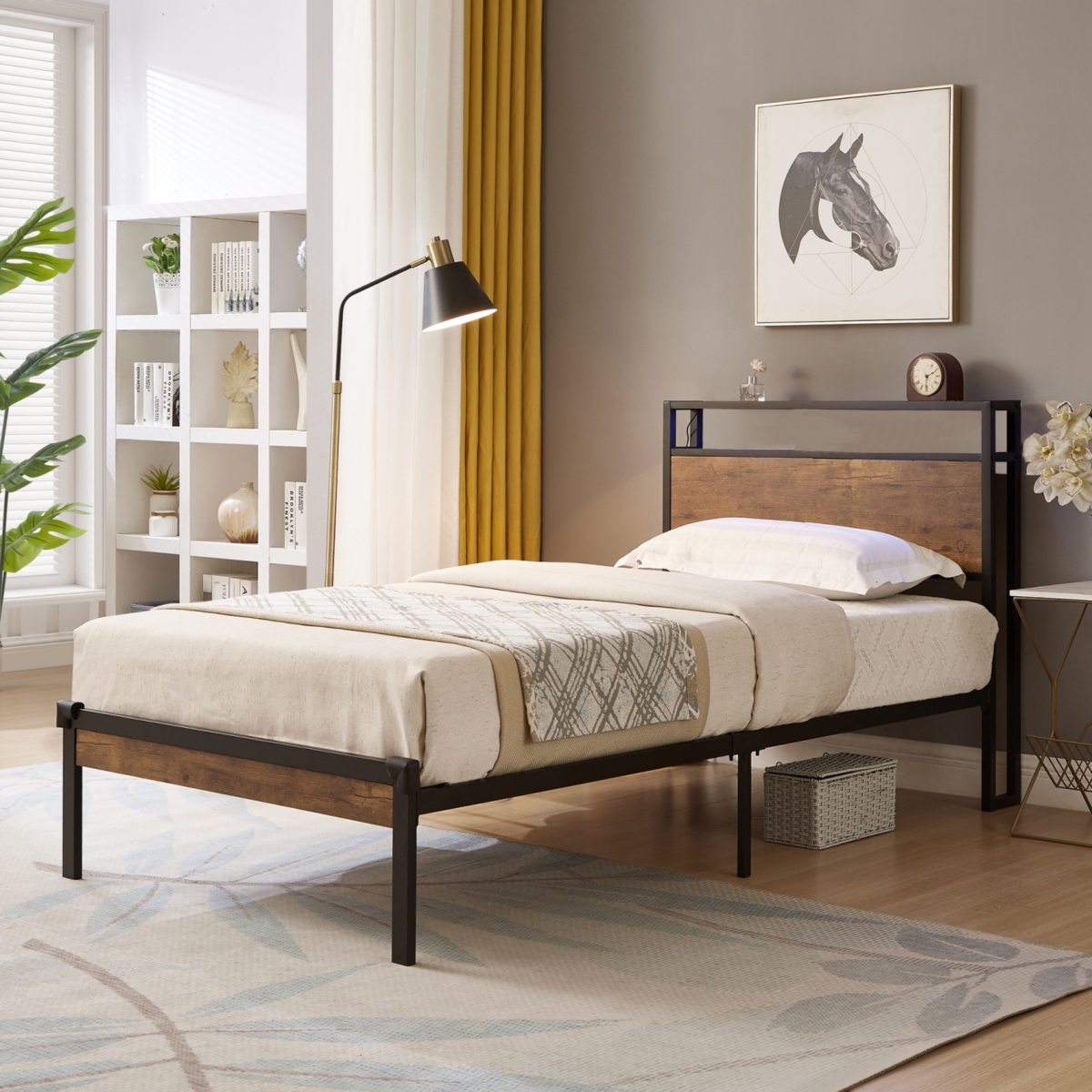 Twin Metal Bed Frame with Headboard & Usb, Storage, Easy Assemble