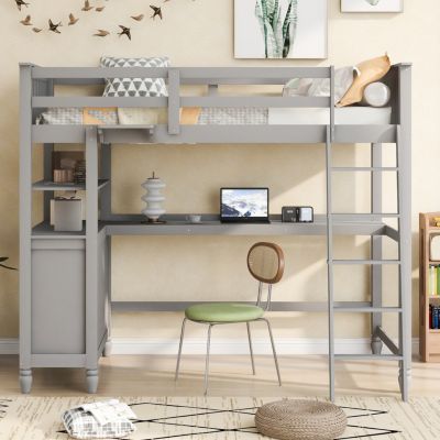 Twin Size Loft Bed With Drawers And Desk, Wooden Loft Bed With Shelves