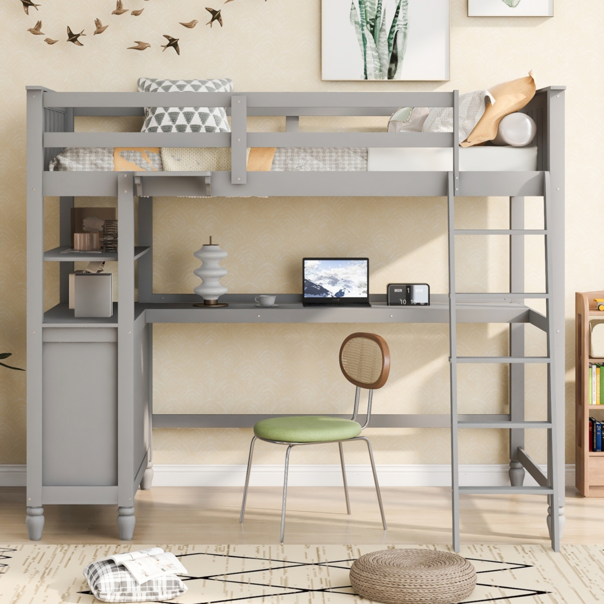 Simplie Fun Twin Size Loft Bed With Drawers And Desk, Wooden Loft Bed With Shelves