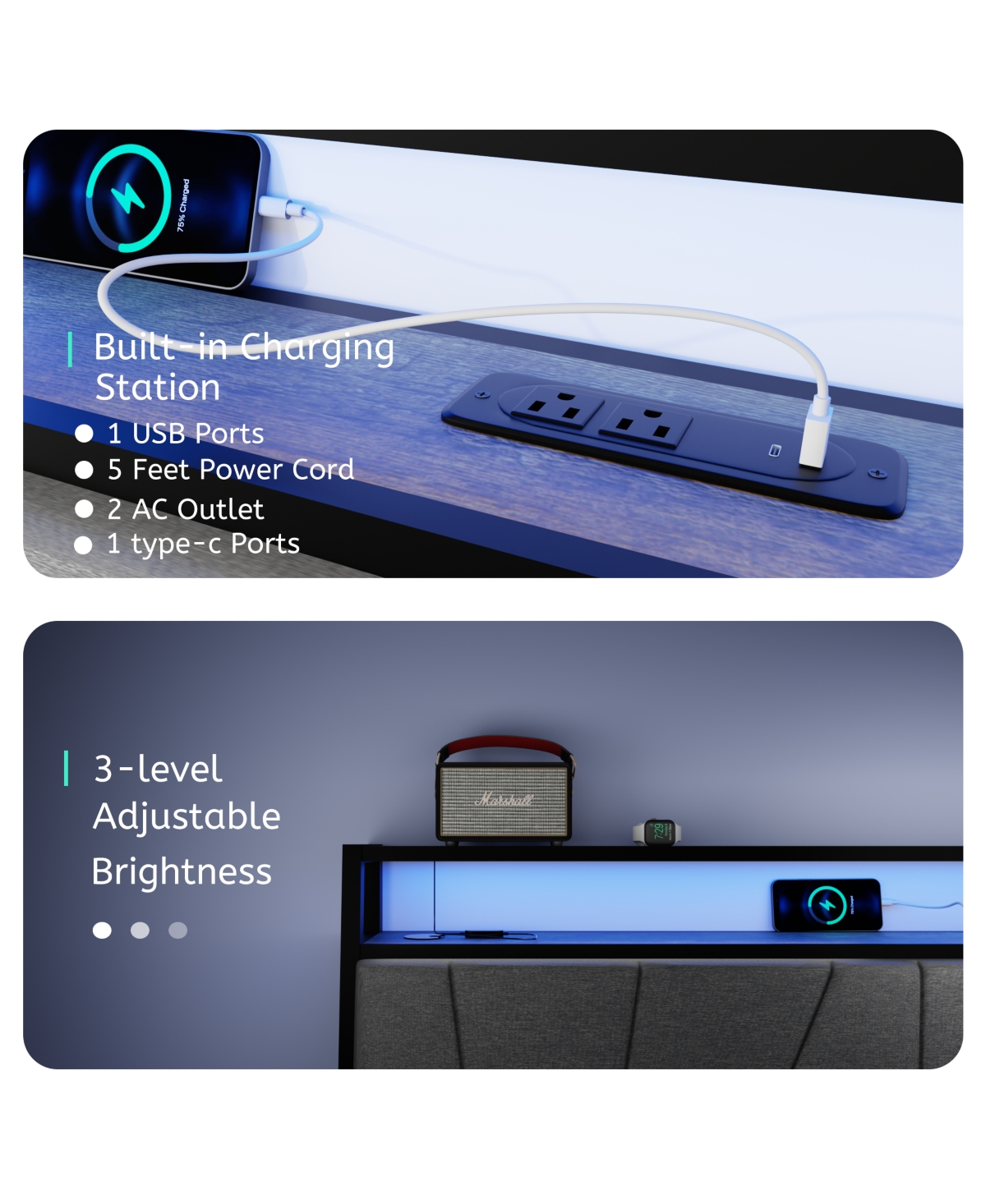 Streamdale Furniture Bed Frame with Storage, Ergonomic Headboard, Bed Frame with 2 Storage Drawers, Built in Charging Station & Led, Outlets & Us