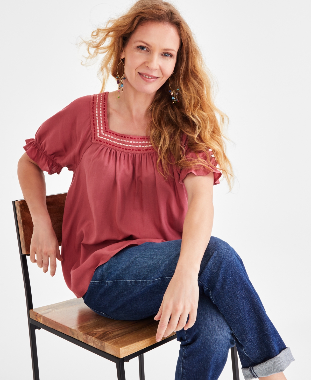 Style & Co Petite Crocheted Square-Neck Ruffled-Cuff Top, Created for Macy's