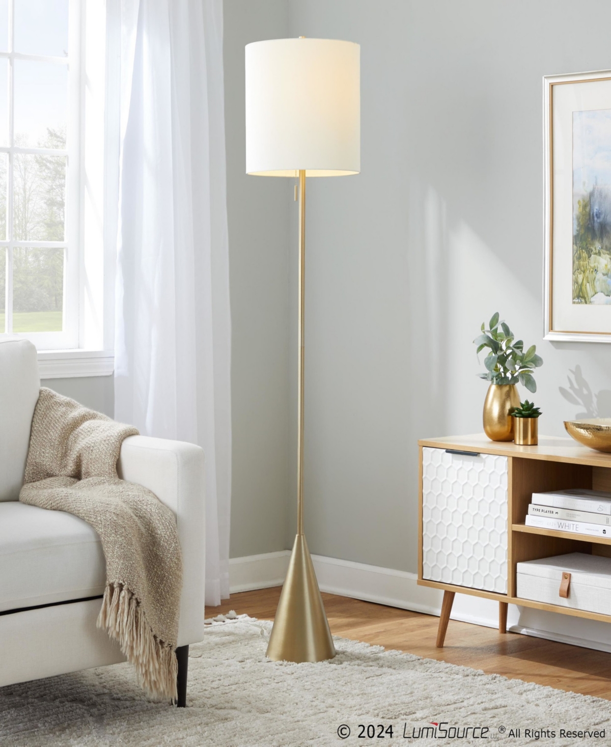 Lumisource Cone 64" Contemporary Metal Floor Lamp In Gold Metal,white Linen