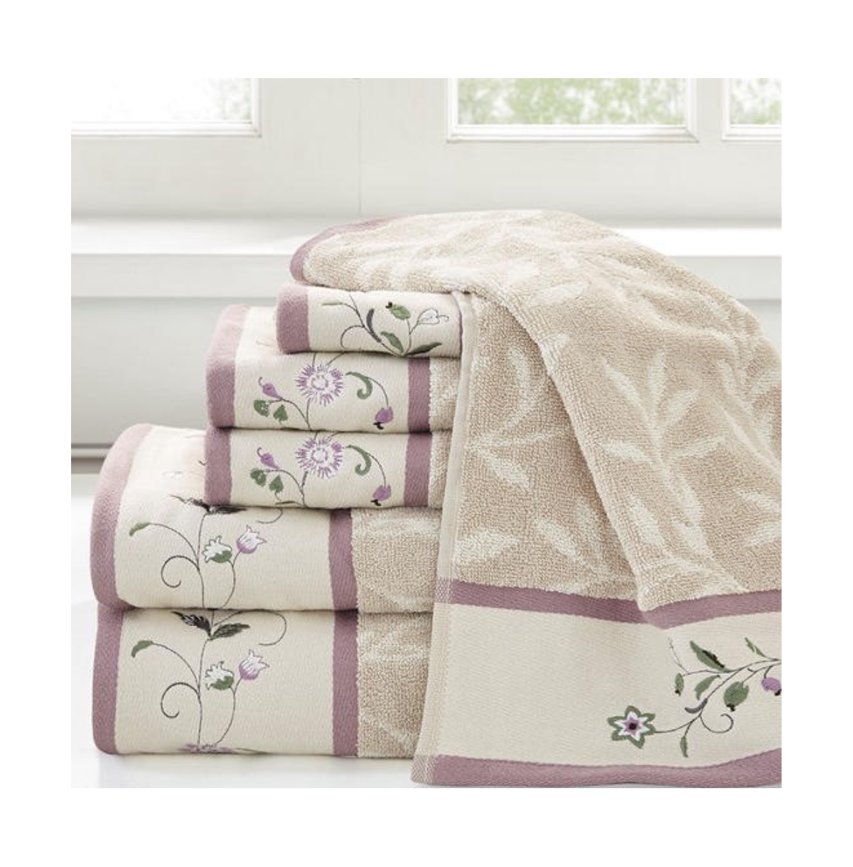 Home Outfitters 100% Cotton Embroidered Jacquard 6pcs Bath Towel Set , Absorbent, Bathroom Spa Towel, Traditional