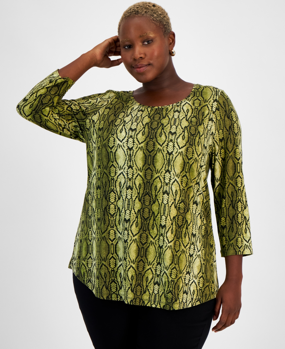 JM COLLECTION PLUS SIZE MIRRORED PYTHON 3/4-SLEEVE TOP, CREATED FOR MACY'S 