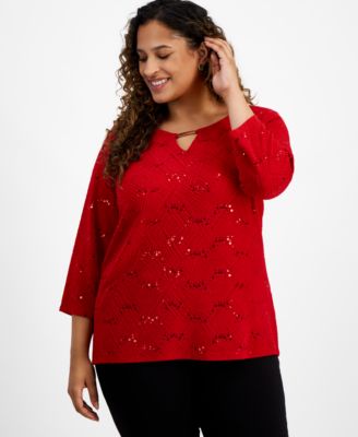 JM Collection - Plus Size Disco Dot Jacquard Top