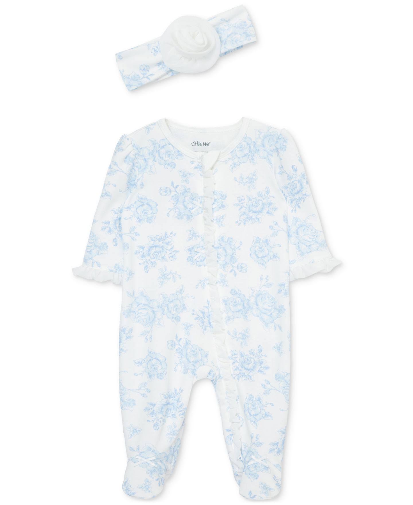 Комплекты Little Me Cotton Blue Roses Footie & Headband Set для девочек-малышей, цвет: Синий — фото 1