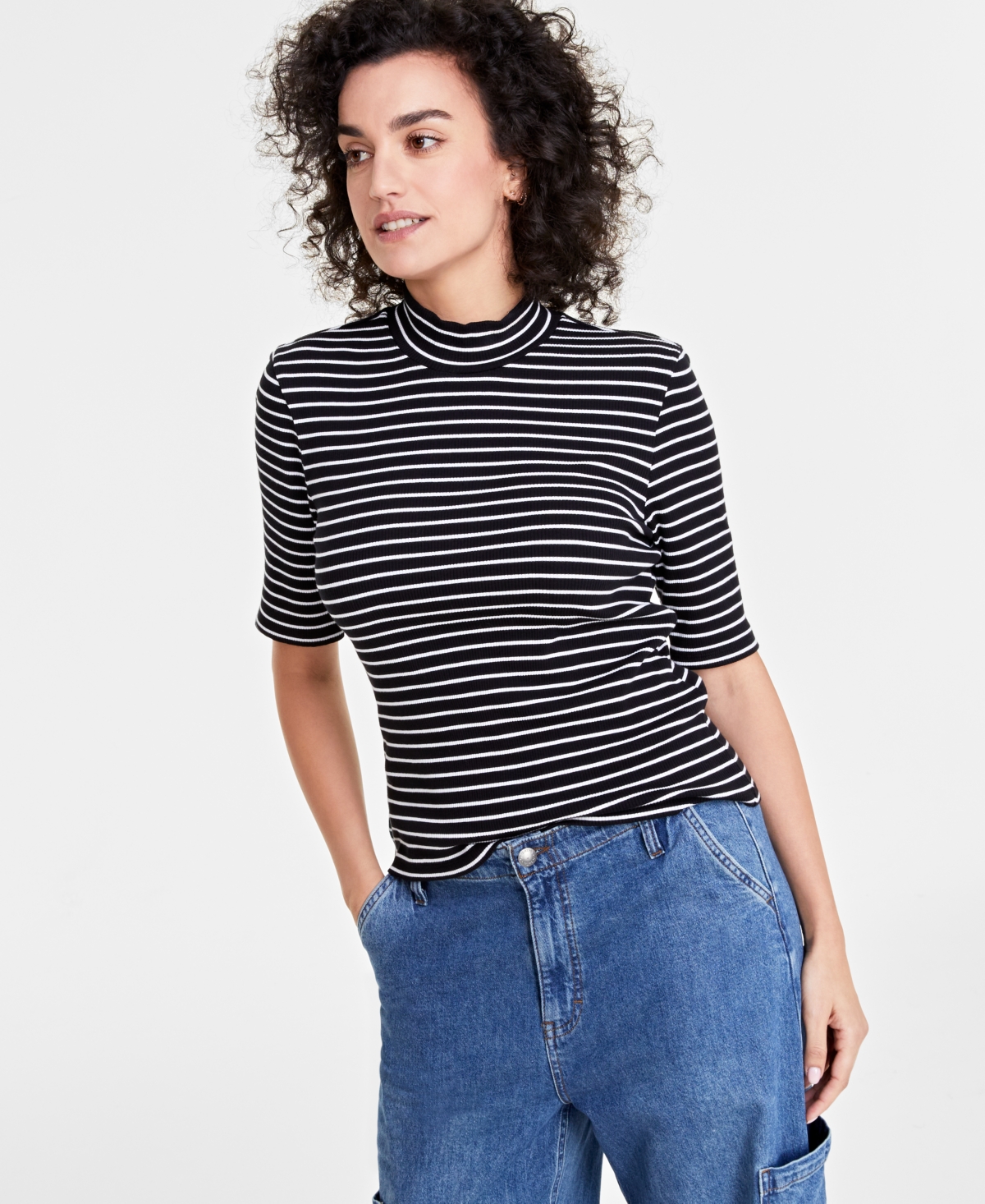 Shop On 34th Women's Mock Neck Elbow-sleeve Top, Created For Macy's In Deep Black Cmb