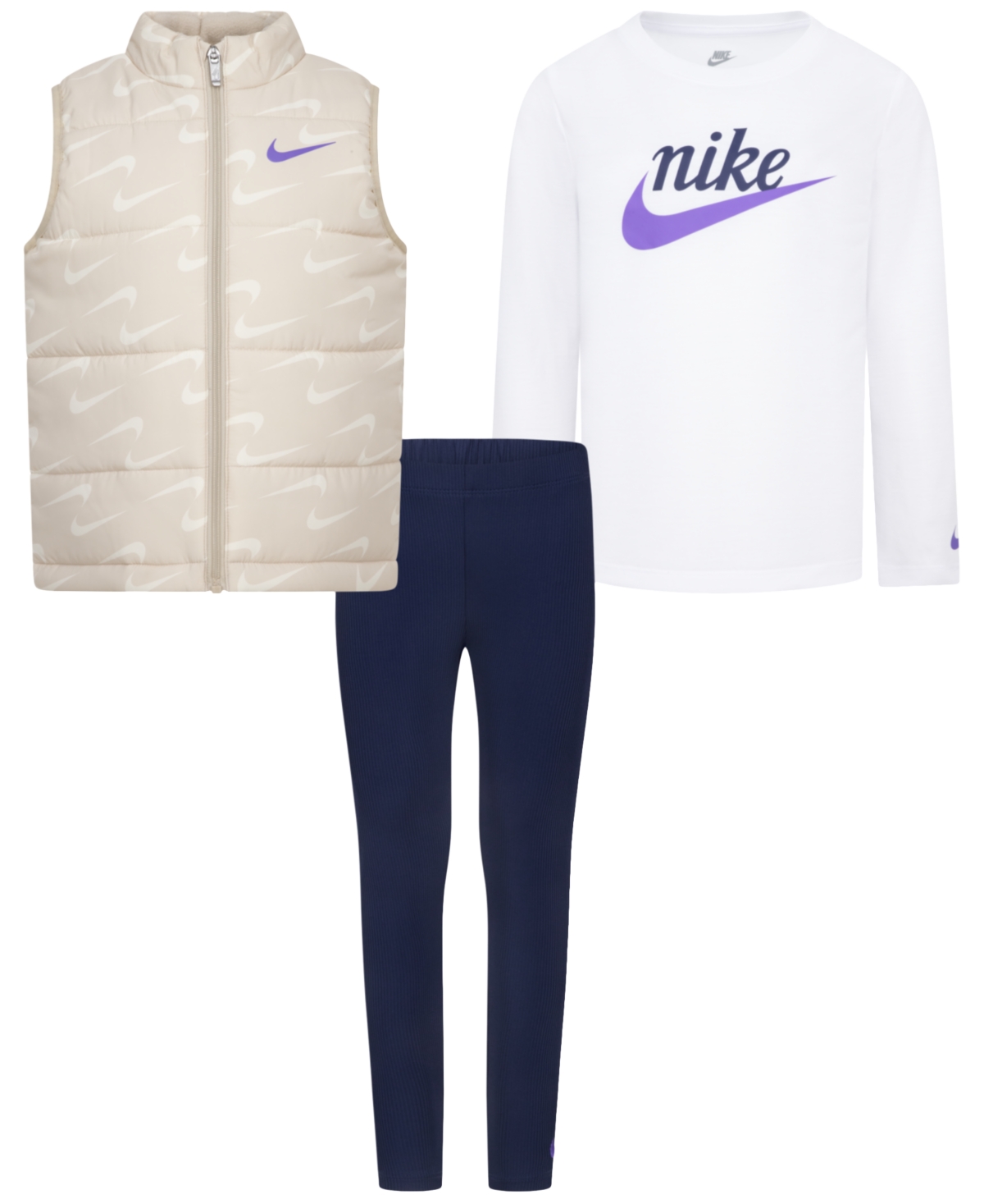 Nike Little Girls New Impressions Vest, Logo T-Shirt & Ribbed Leggings, 3 Piece Set - U90midnigh