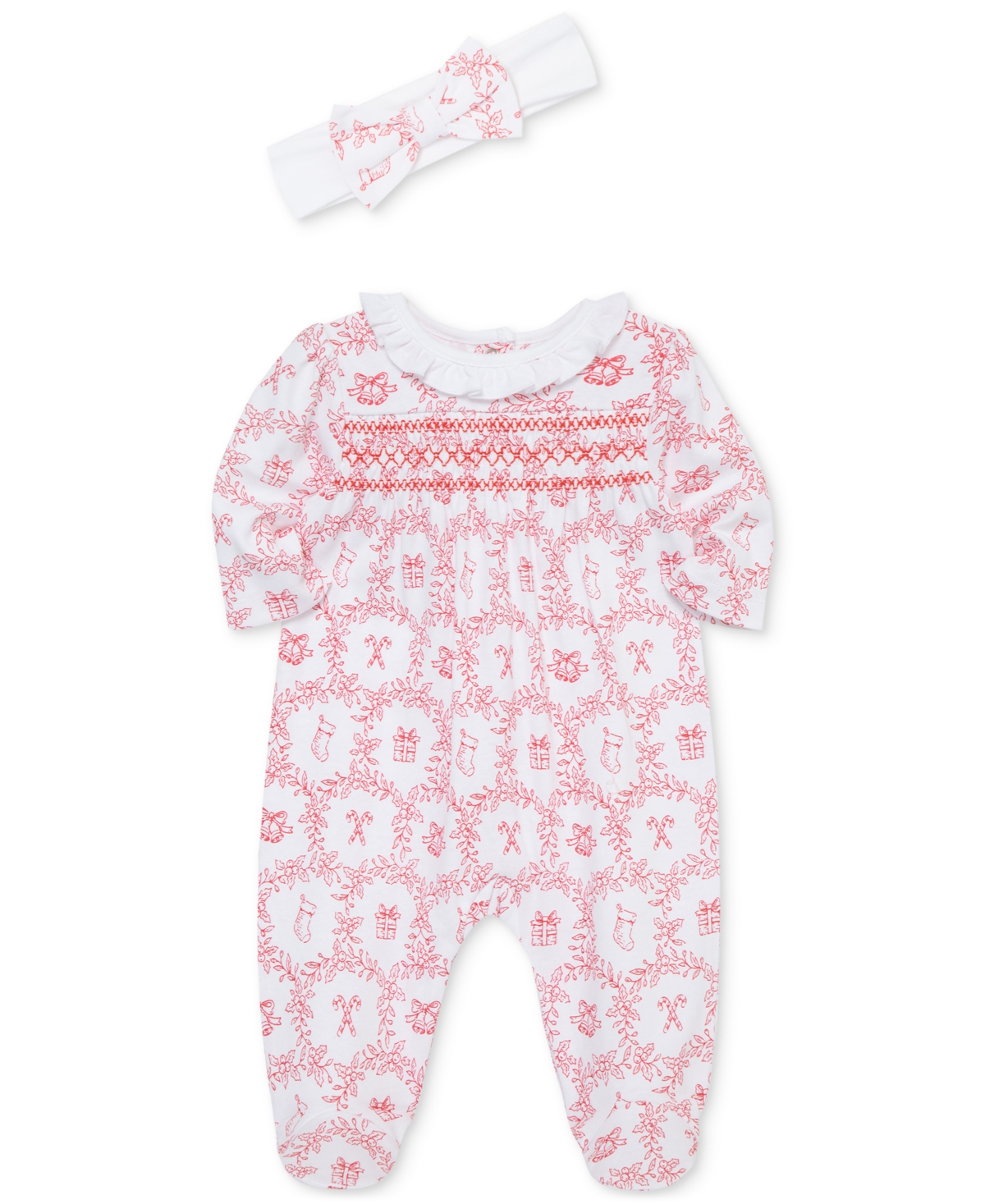 Little Me Baby Girls Festive Cotton Toile Footed Coverall & Headband Set