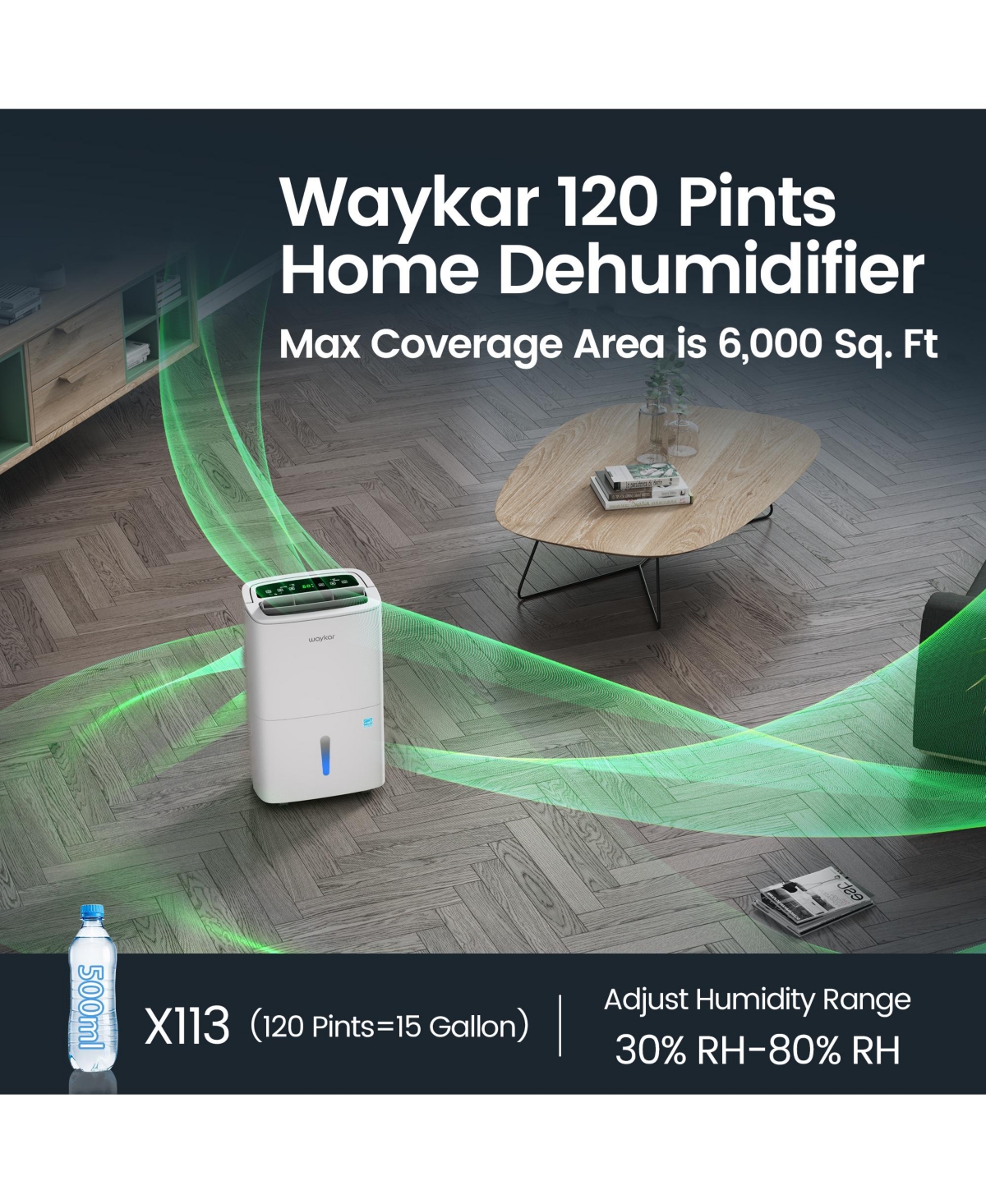 Waykar 120 Pint Energy Star Dehumidifier for Large Rooms & Basements,6000 Sq.Ft