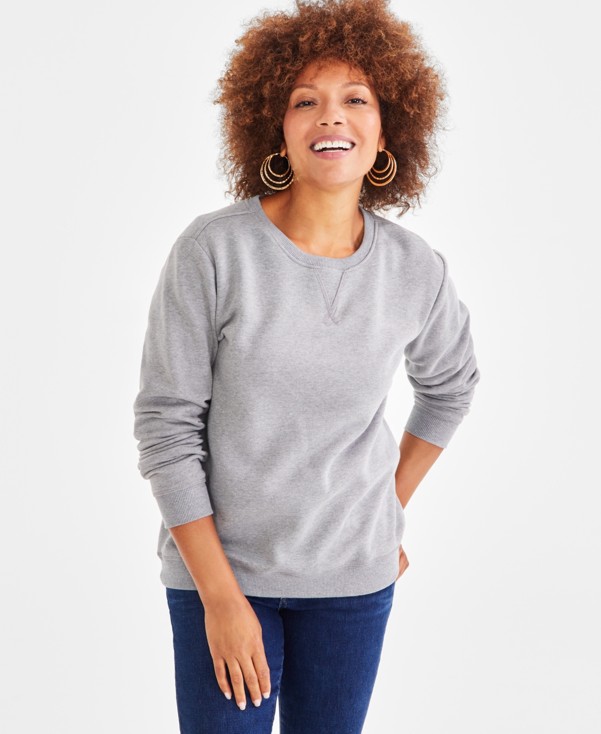 Style & Co Petite Crewneck Long-sleeve Fleece Sweatshirt, Created For Macy's In Tango Red