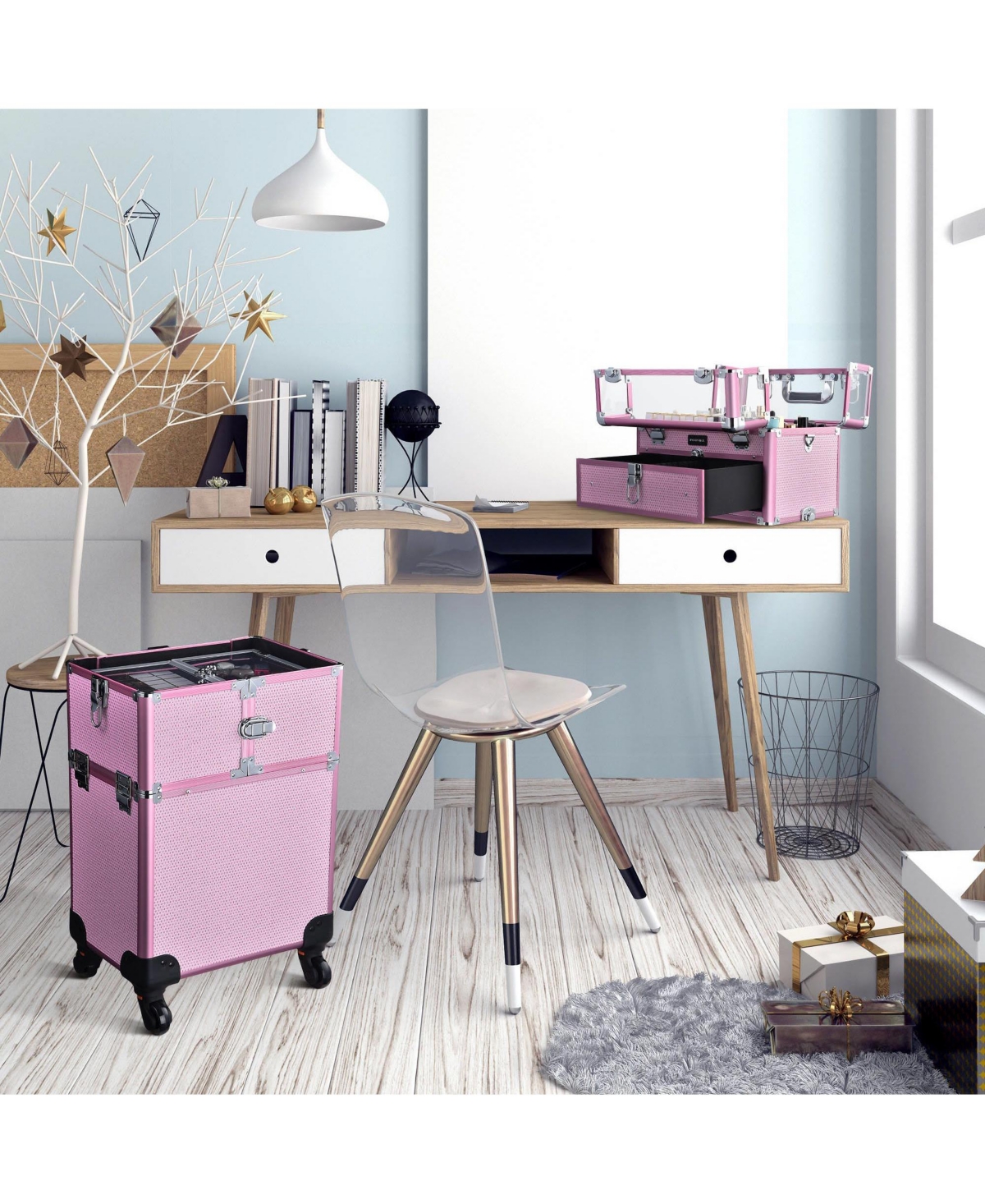 Byootique 2in1 Nail Polish Organizer Rolling Makeup Train Case Manicure Storage