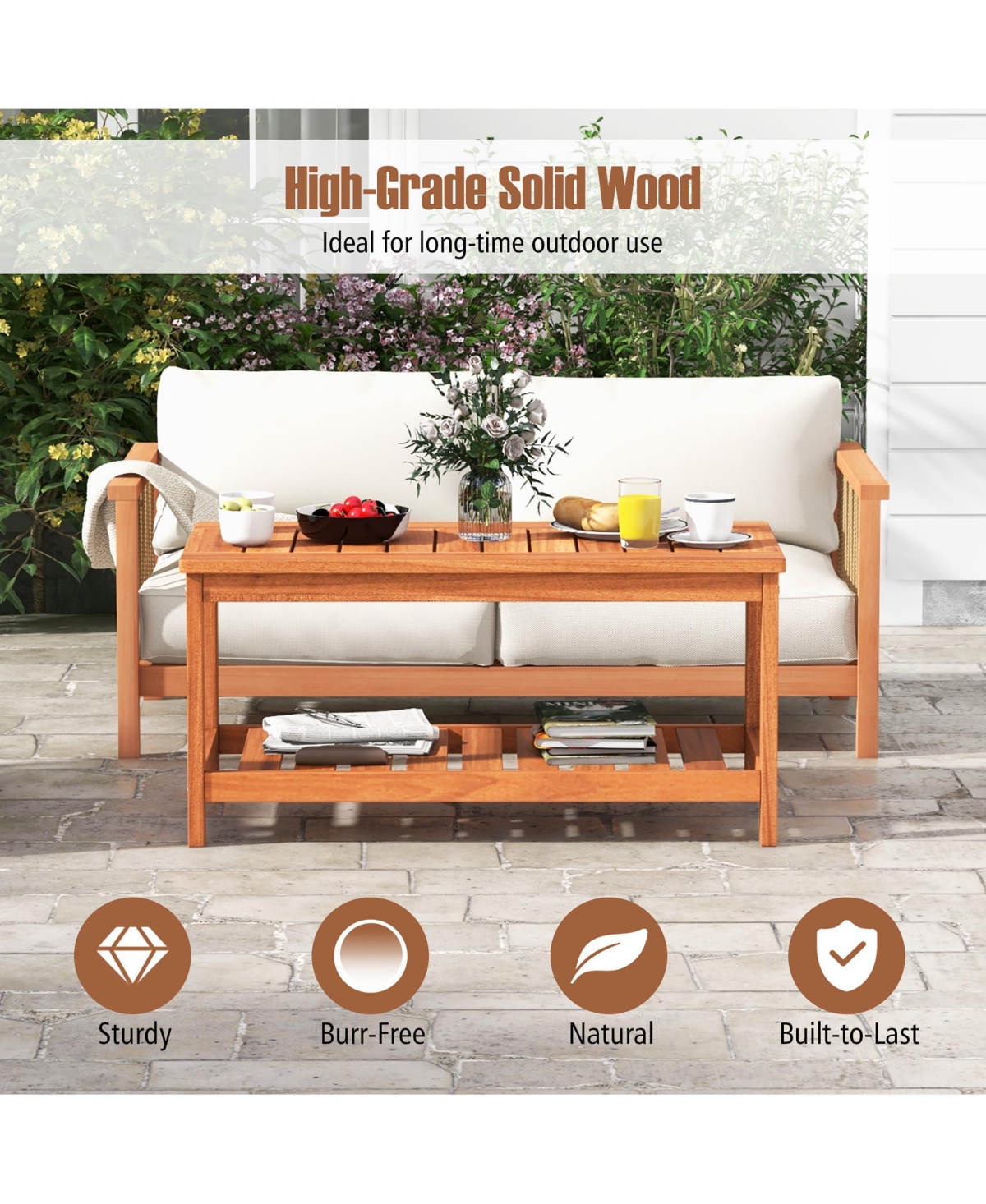 Gymax Hardwood Outdoor Patio Coffee Table 2-Tier Coffee Table w/ Slat Tabletop & Storage Shelf Natural