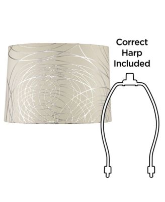 Set of 2 Drum Lamp Shades Off-White Silver Circles Medium 15" Top x 16" Bottom x 11" High Spider with Harp and Finial