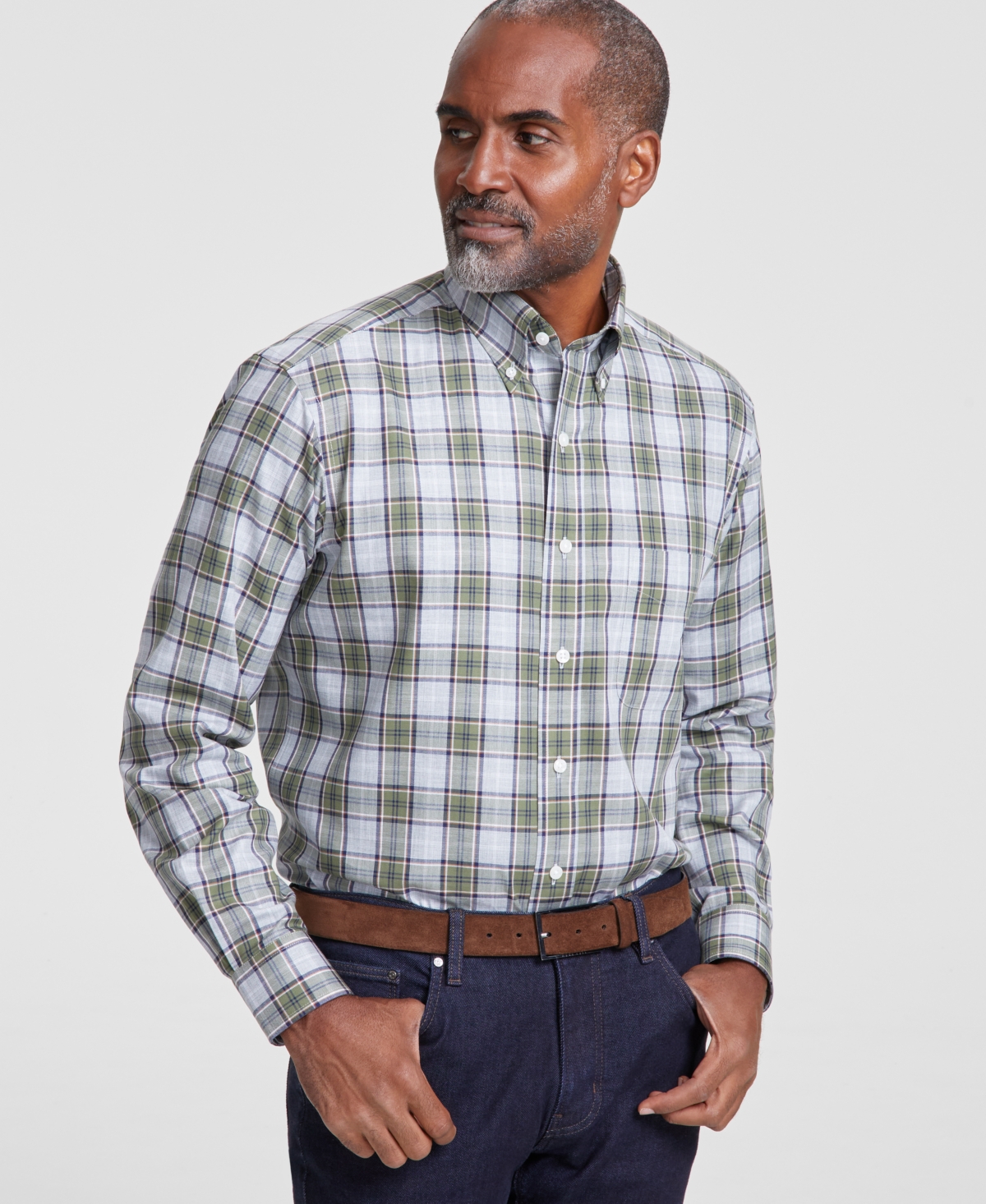 Men's Fellow Plaid Dress Shirt, Created for Macy's - Grey Heather/olive