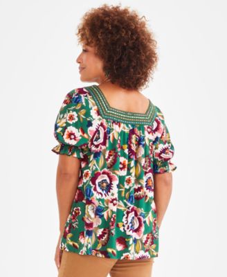 Women's Crochet-Square-Neck Short-Sleeve Top