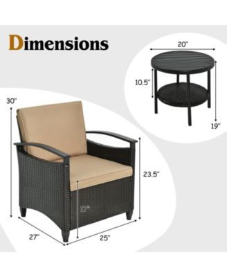 3 Pieces Patio Rattan Furniture Set Cushioned Sofa Storage Table with Shelf Garden