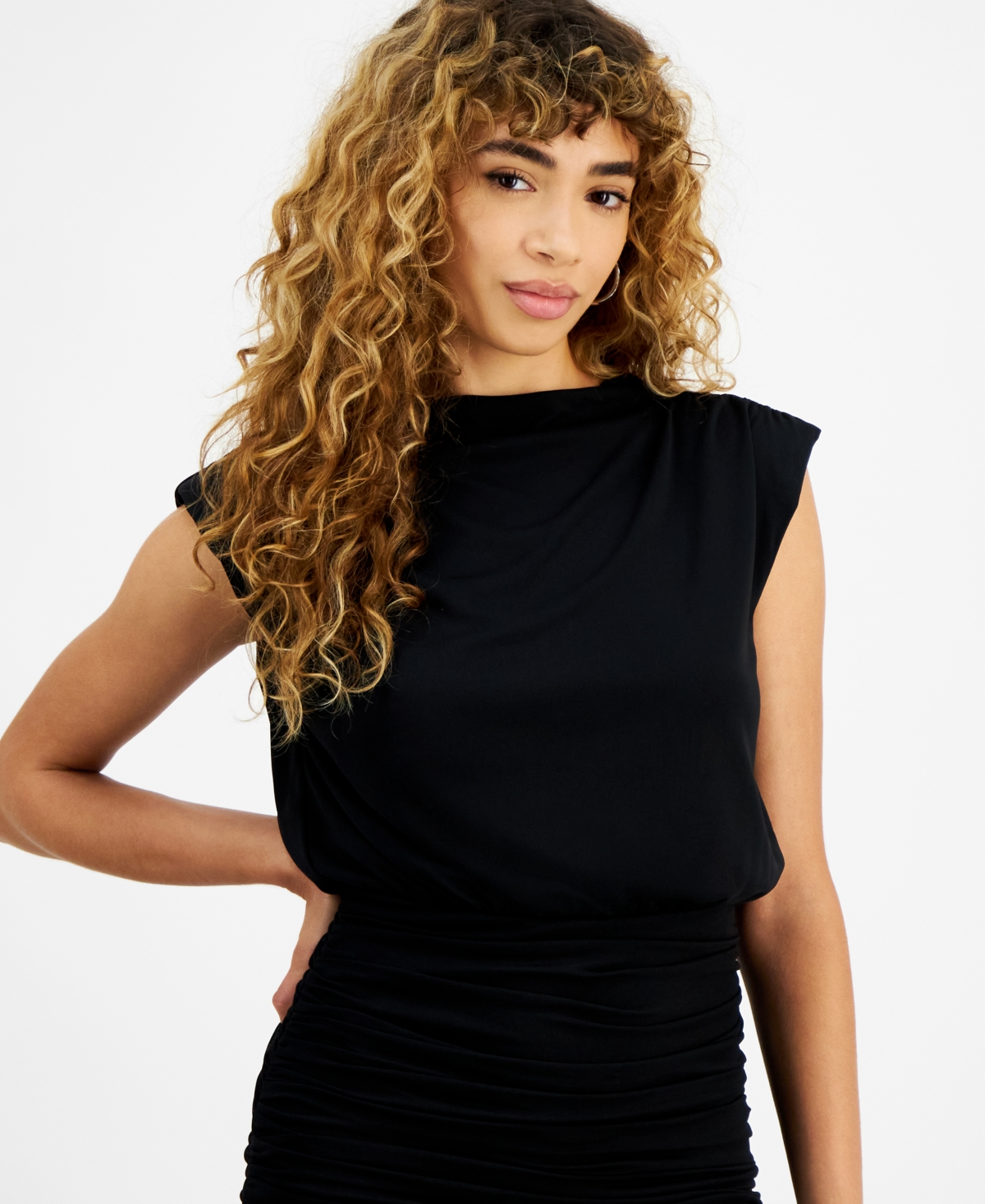 Bar Iii Women's Mesh Blouson Ruched-Skirt Midi Dress, Created for Macy's