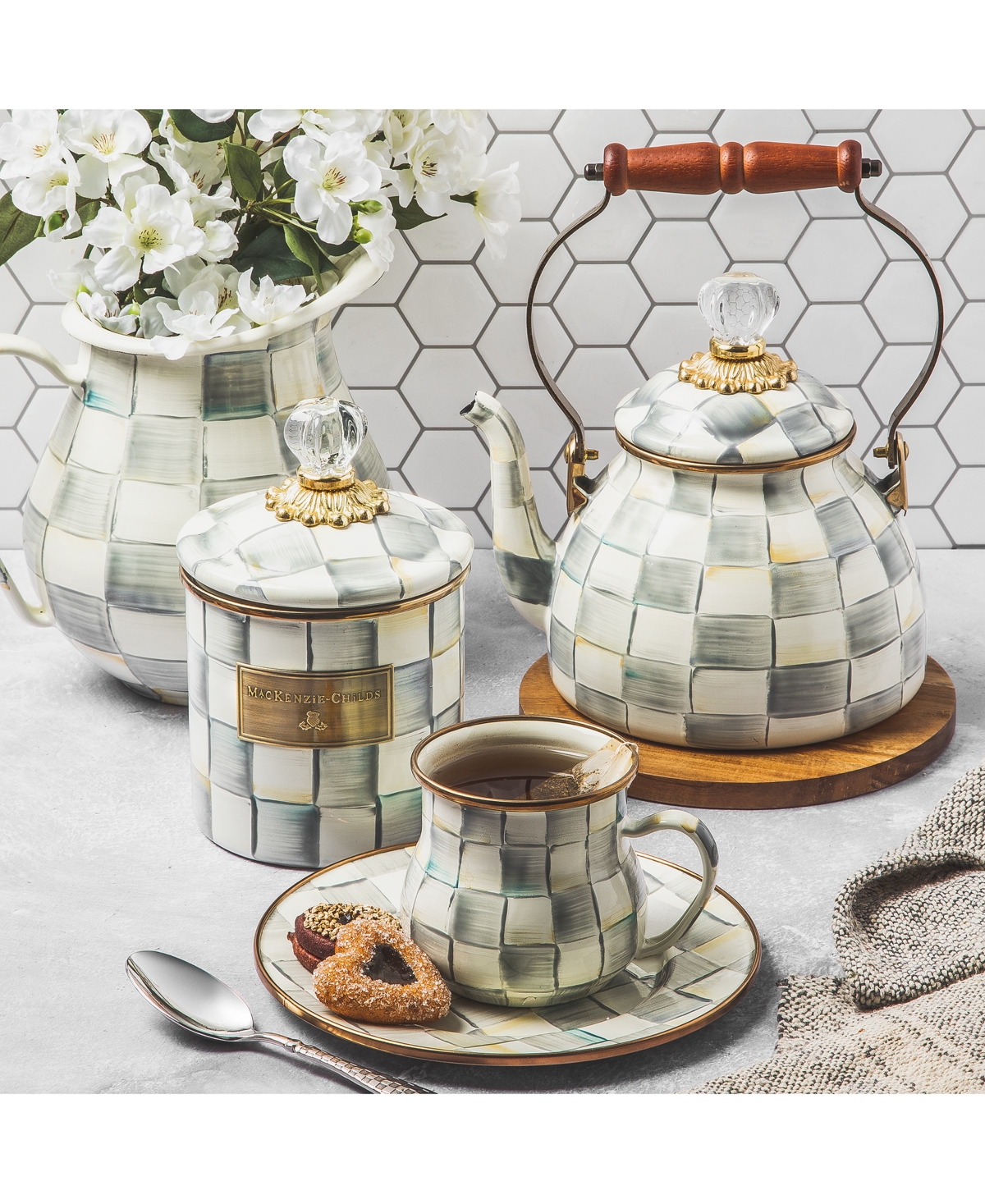 Mackenzie-childs Mackenzie Childs Sterling Check Enameled Steel 2-quart Tea Kettle In No Color