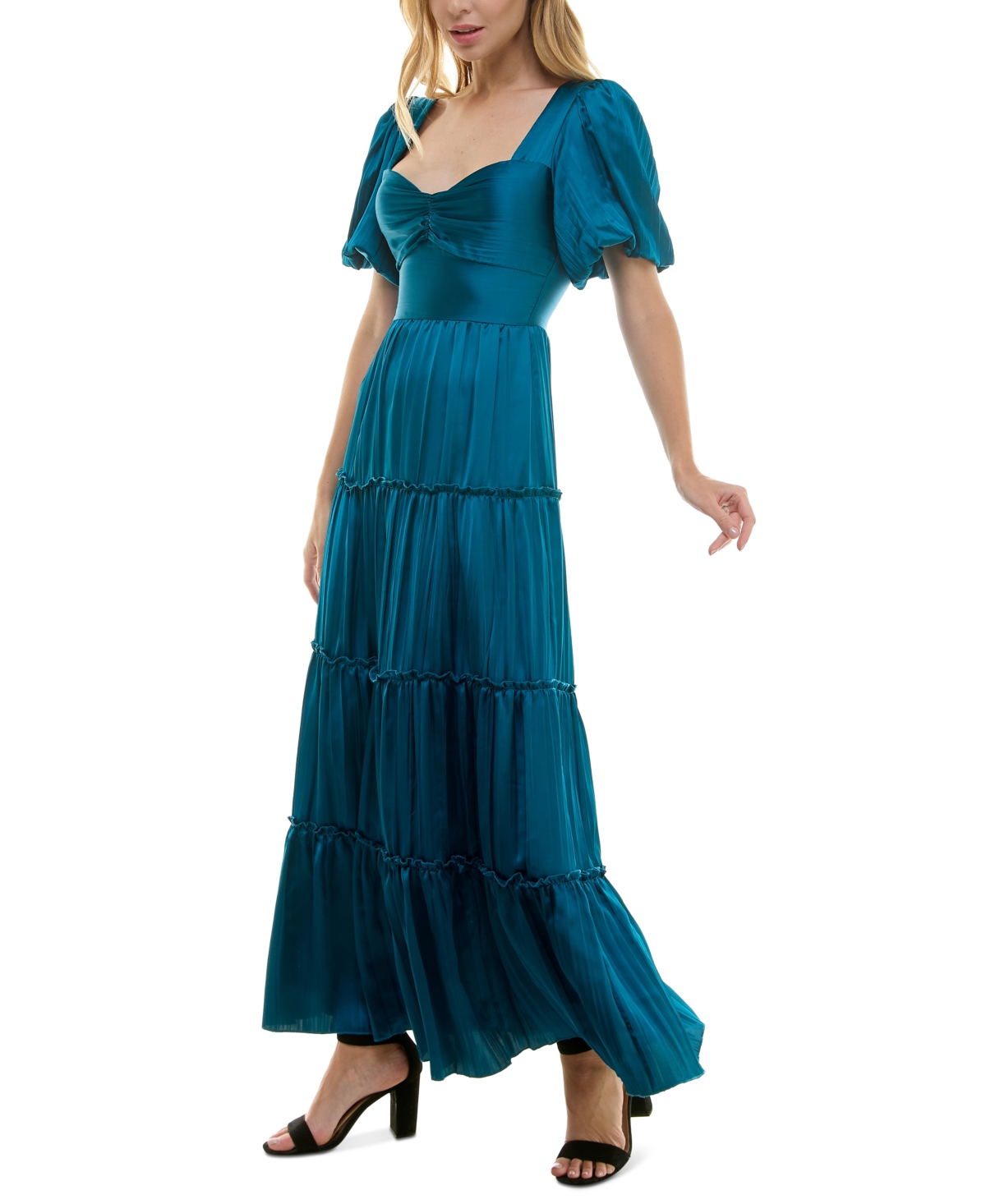 Crystal Doll Juniors' Puff-Sleeve Crinkle Satin Dress