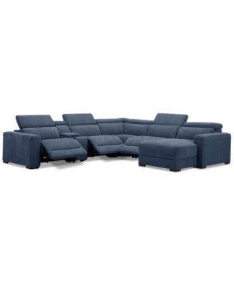 Nevio 6-Pc. Fabric Power Headrest Sectional with Chaise & Console and 3 Power Motion Chairs