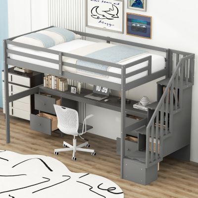 Streamdale White Loft Bed with Desk and Drawers - Twin