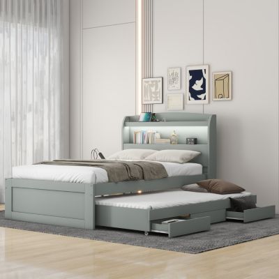 Streamdale Twin XL Bed w/ LED Headboard, Storage, Trundle, Drawers