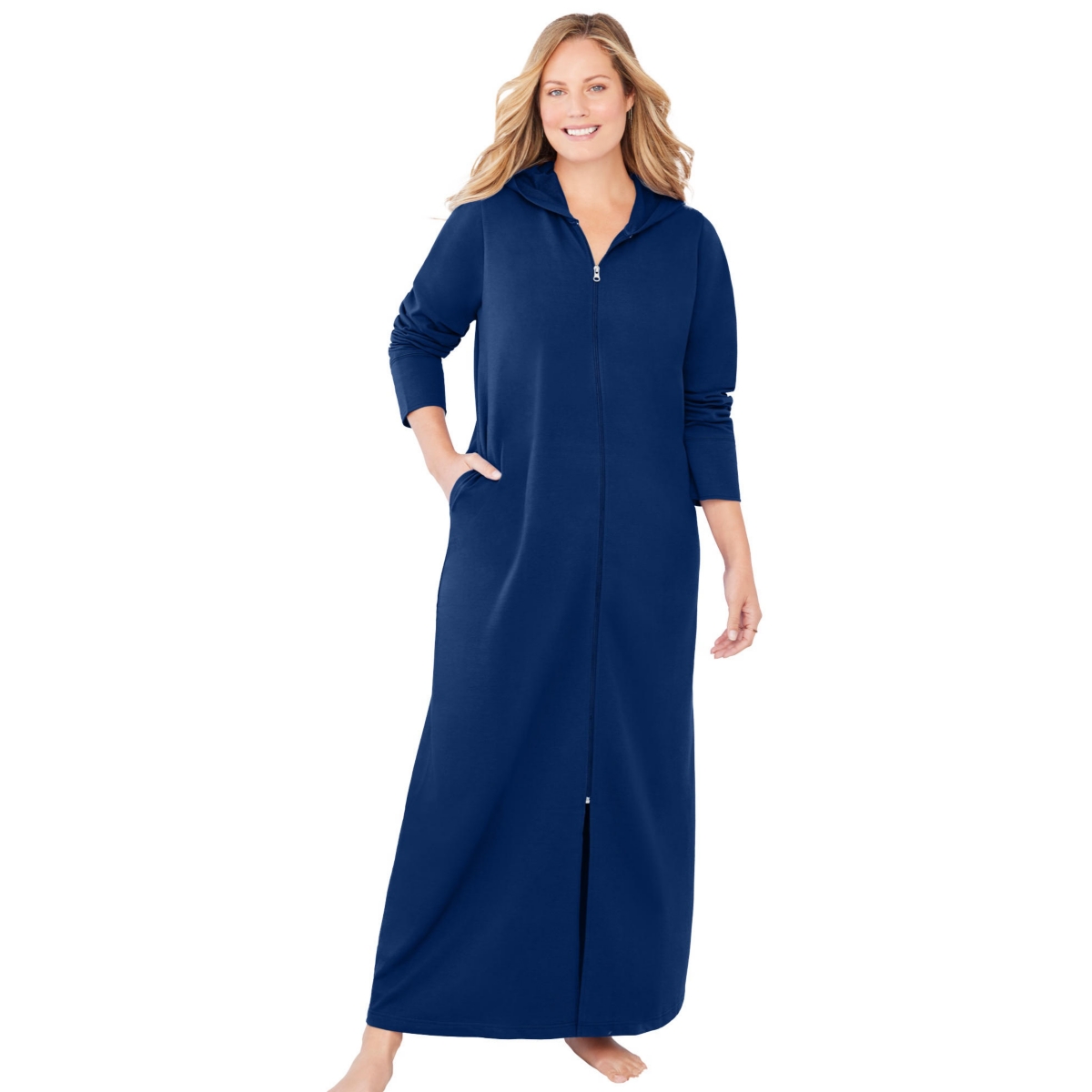 Women's Plus Size Long Hooded Fleece Sweatshirt Robe - Evening blue