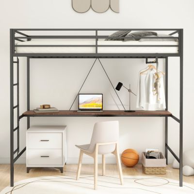  Adam Twin Loft Bunk Black with Cinnamon Wood Desk and Closet Rod