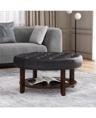 Contemporary Faux Leather Tufted Ottoman with Open Shelf