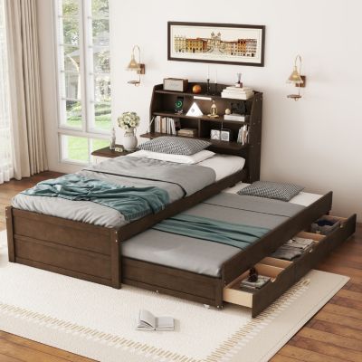 Twin Wooden LED Platform Bed with Storage & Trundle