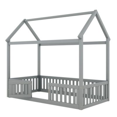 Streamdale Twin Size Wood House Bed with Fence and Door, Gray