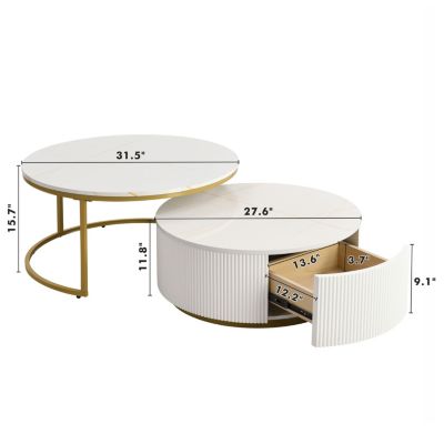 Streamdale Nesting Coffee Table – 2 Pc, MDF & Metal, Fluted Base, Drawer Storage, Round Modern Design for Living Room