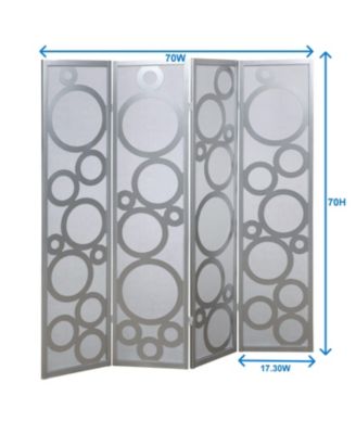 4-Panel Wood Room Divider with Circle Pattern, Silver