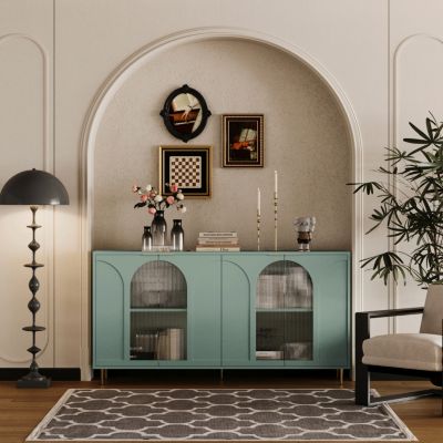 Mint Green Accent Cabinet 4 Glass Doors, Adjustable Storage
