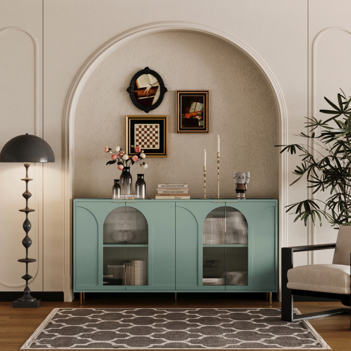 Streamdale Furniture Mint Green Accent Cabinet 4 Glass Doors, Adjustable Storage