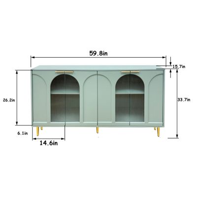 Mint Green Accent Cabinet 4 Glass Doors, Adjustable Storage