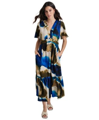 DKNY - Women's Printed V-Neck Short-Sleeve Maxi Dress