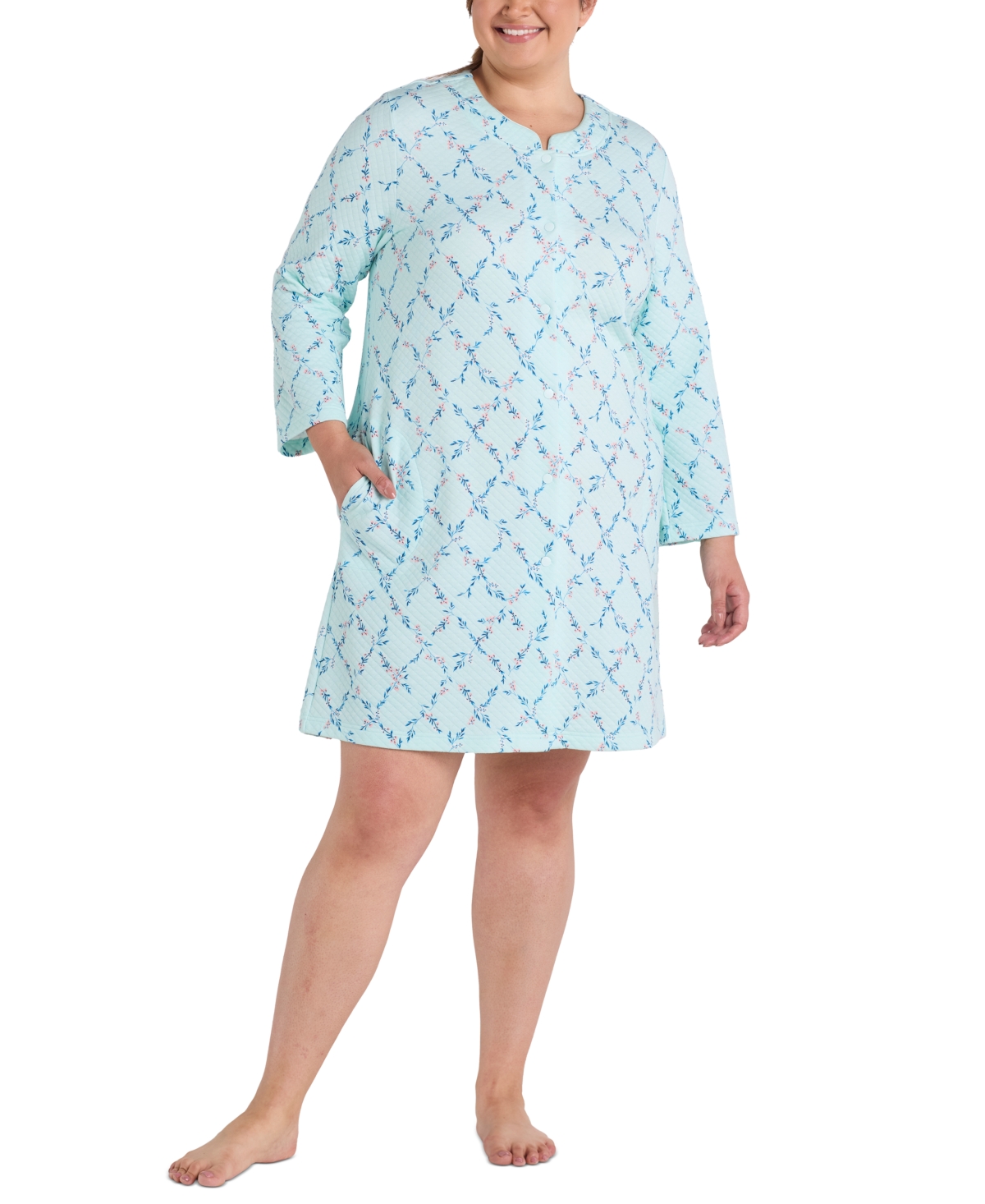 Plus Size Quilted Floral Long-Sleeve Robe - Mint Floral