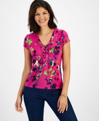 I.N.C. International Concepts - Women's Printed Lace-Up Front Top