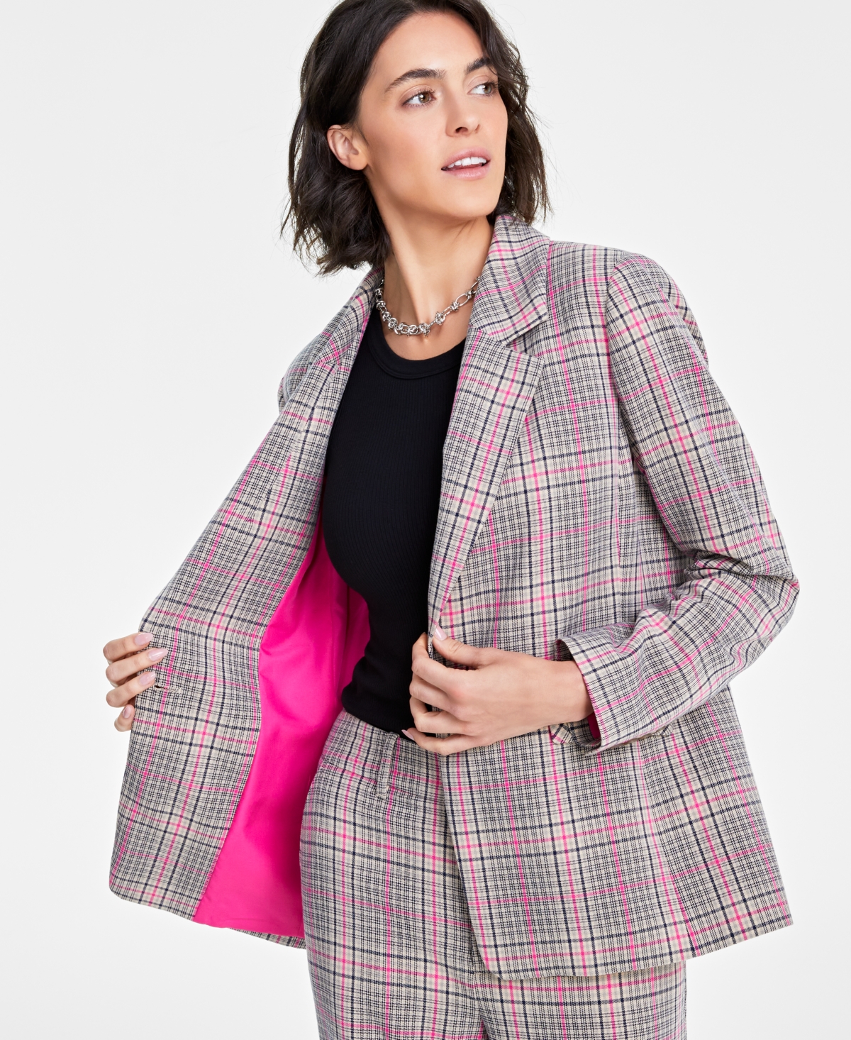 Shop On 34th Women's Plaid Boyfriend Blazer, Created For Macy's In Fuchsia Purple Combo