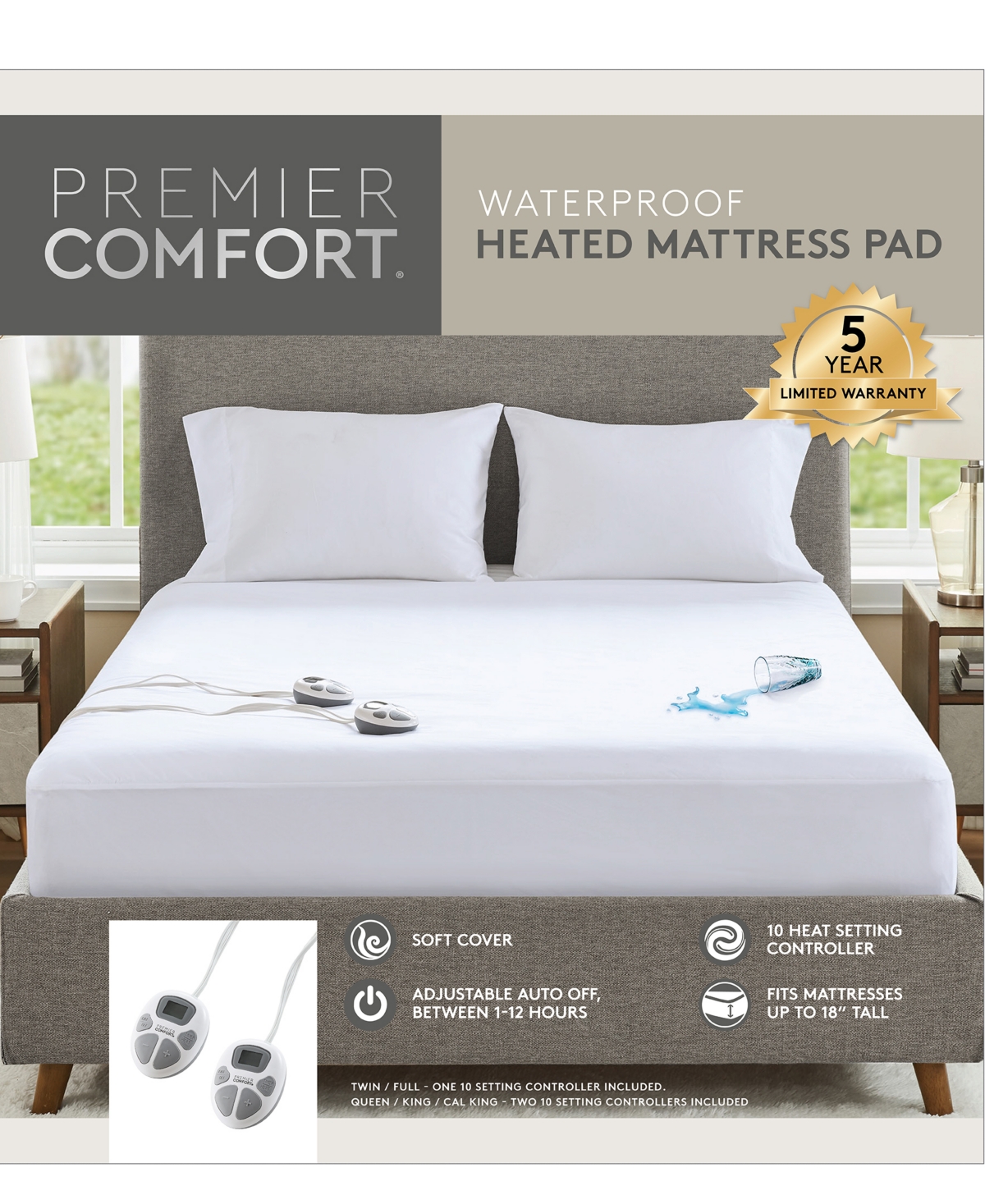 Premier Comfort Waterproof Heated Mattress Pad, California King In White
