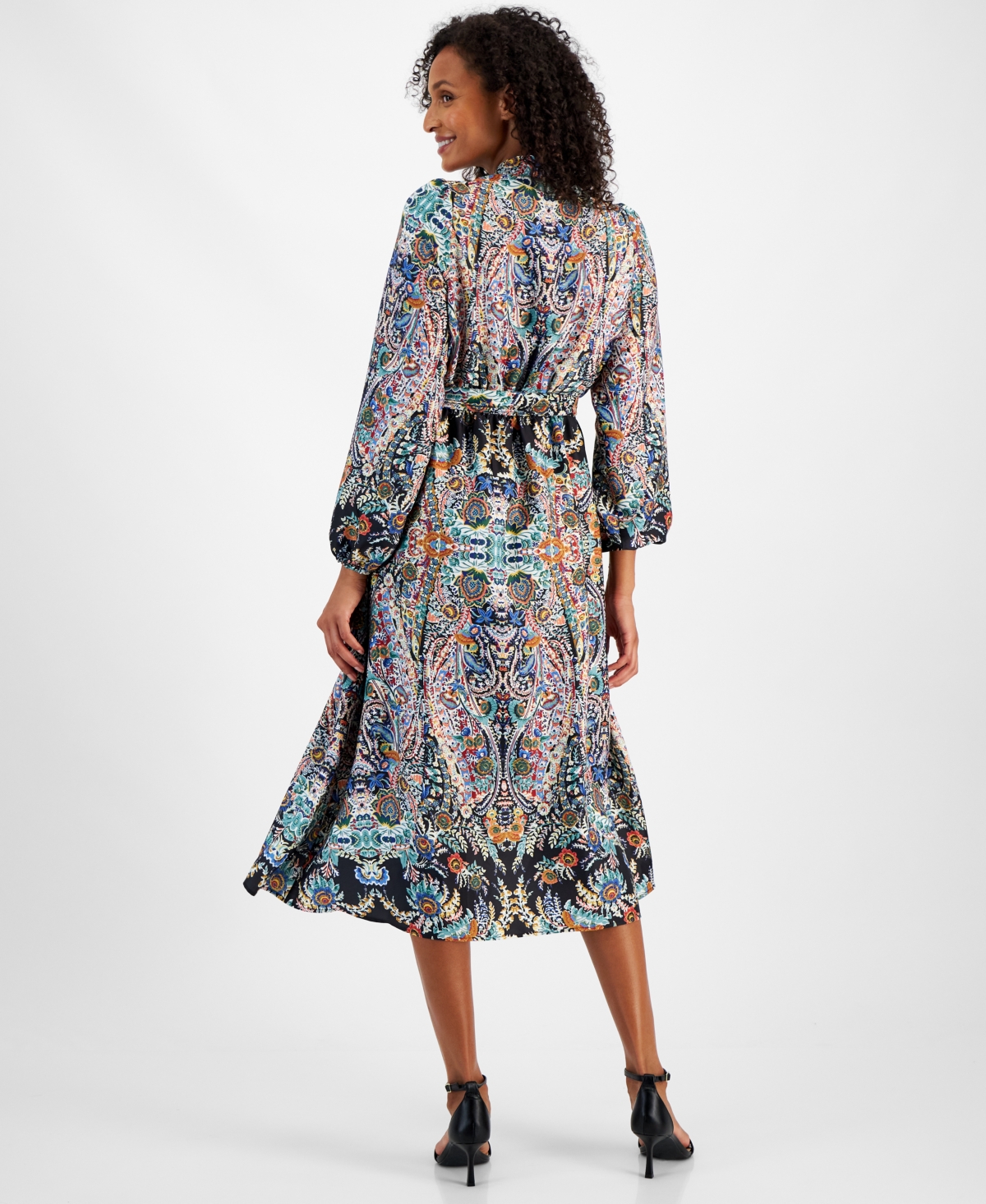 T Tahari Women s Printed Satin Long Sleeve Midi Dress Royal Garden Smart Closet