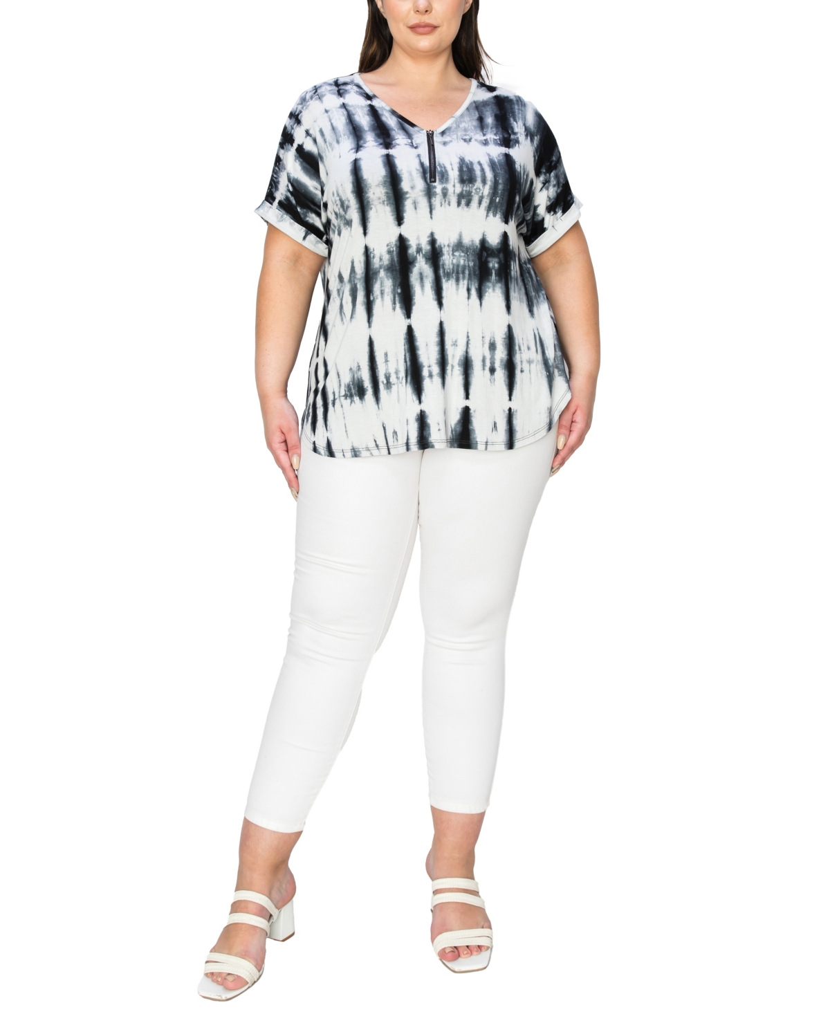 Coin 1804 Plus Size Tie Dye V-Neck Dolman Roll Sleeve Top -Black
