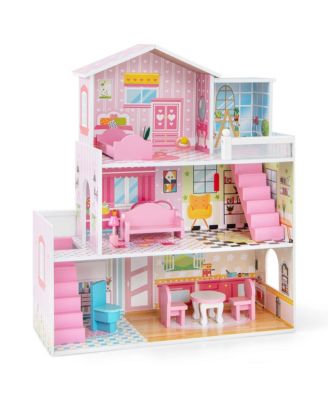 Kids Wooden Dollhouse Playset with 5 Simulated Rooms & 10 Pieces of Furniture