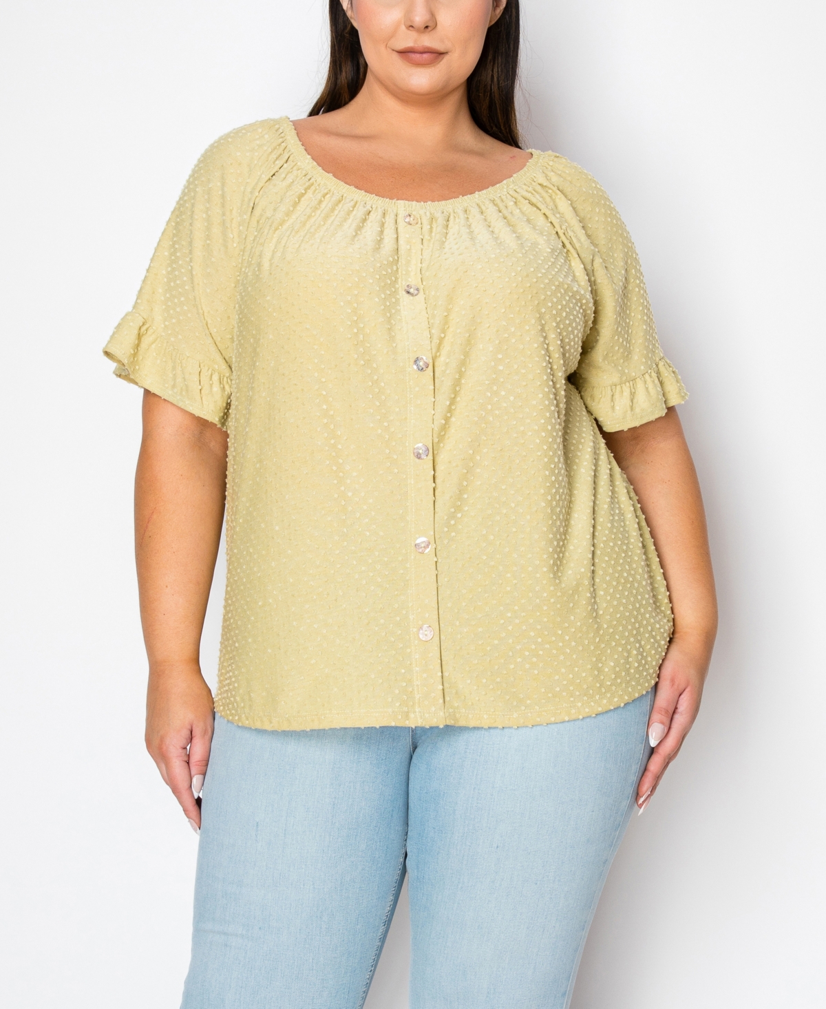 Coin 1804 Plus Size Swiss Dot Button Front Ruffle Sleeve Top