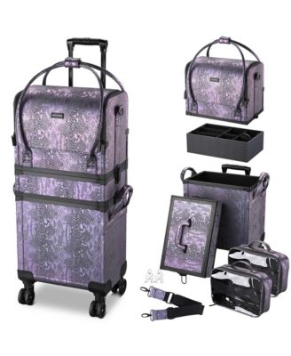 Purple Makeup Train Case Lockable Rolling Cosmetic Trolley Storage