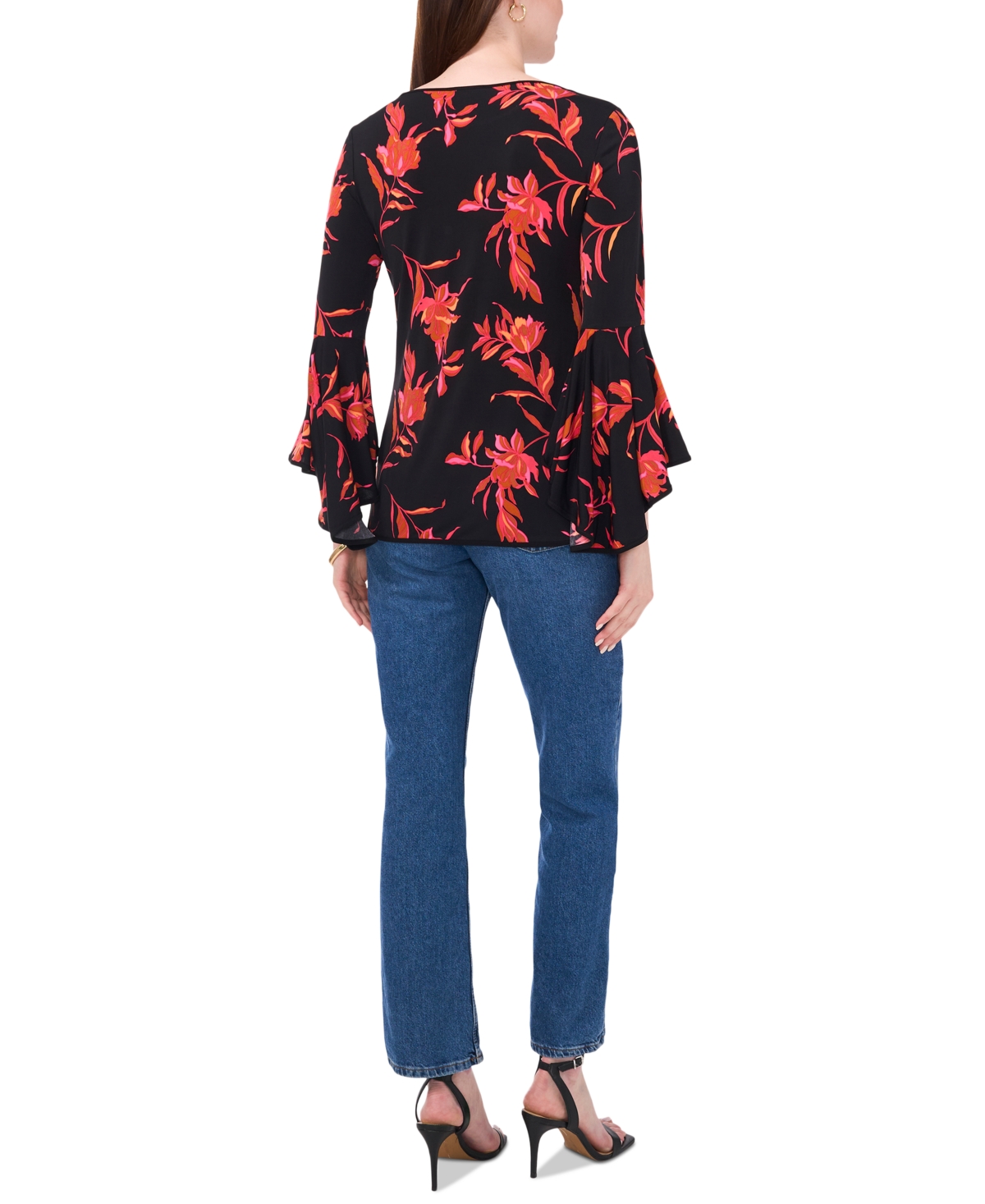 Sam & Jess Petite Floral-Print Bell-Sleeve Top -Red