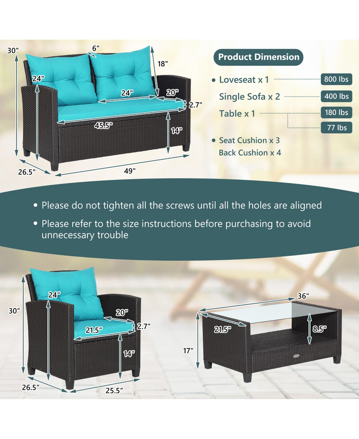 Costway 8 Pcs Patio Rattan Furniture Set Glass Table Shelf Sofa Cushion Turquoise