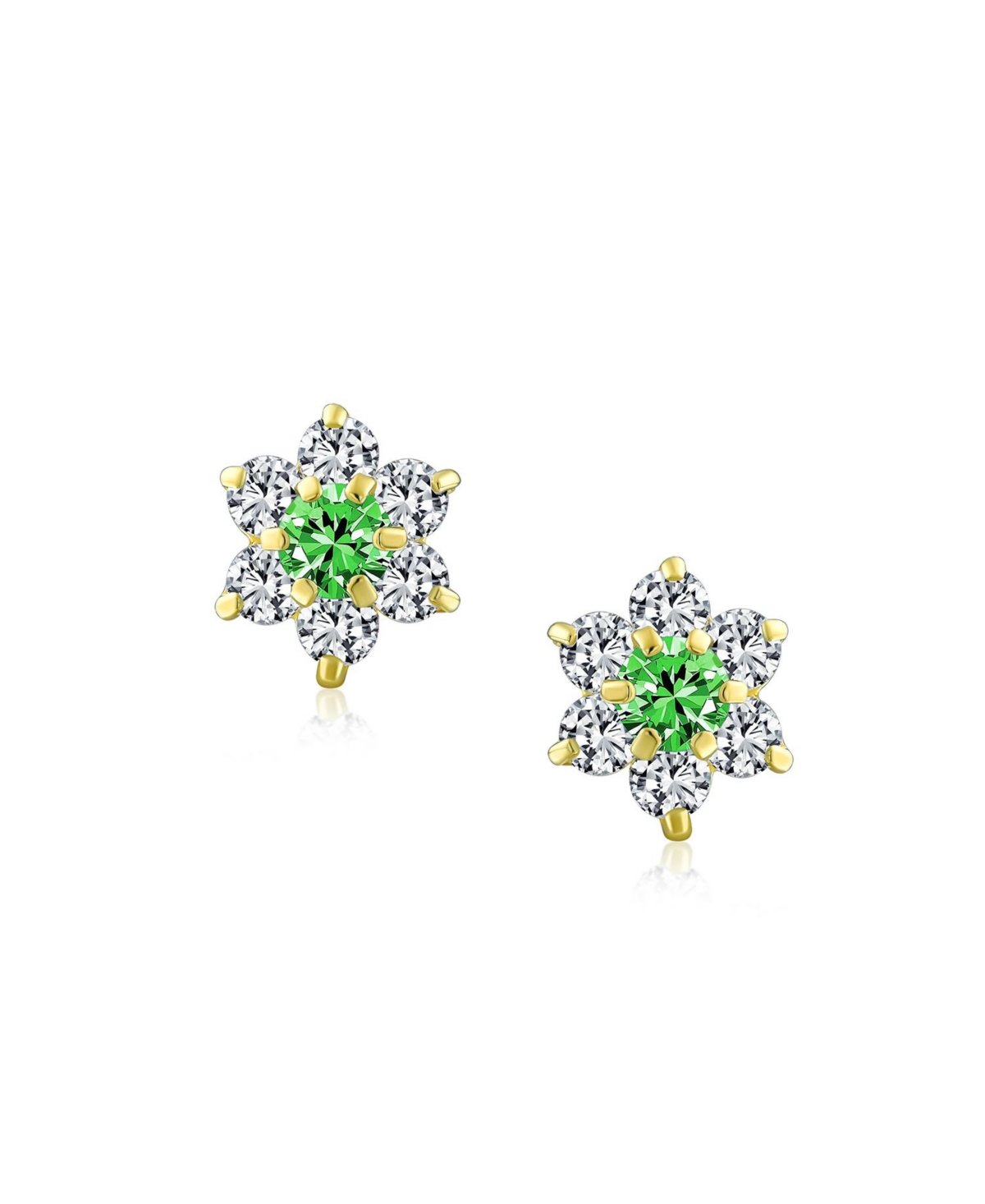Tiny Green Cz Flower Stud Earrings Cubic Zirconia Simulated Emerald 14K Real Gold Screw back